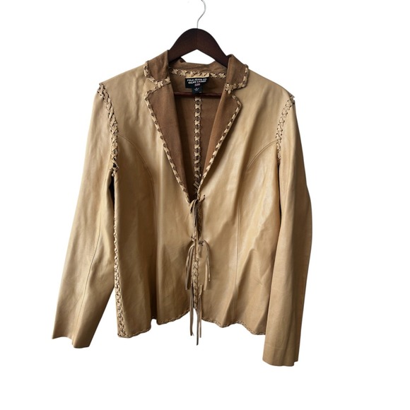 Vintage Polo Jeans Co Ralph Lauren Womens Leather Jacket L Tan Western Cowgirl - Picture 1 of 9